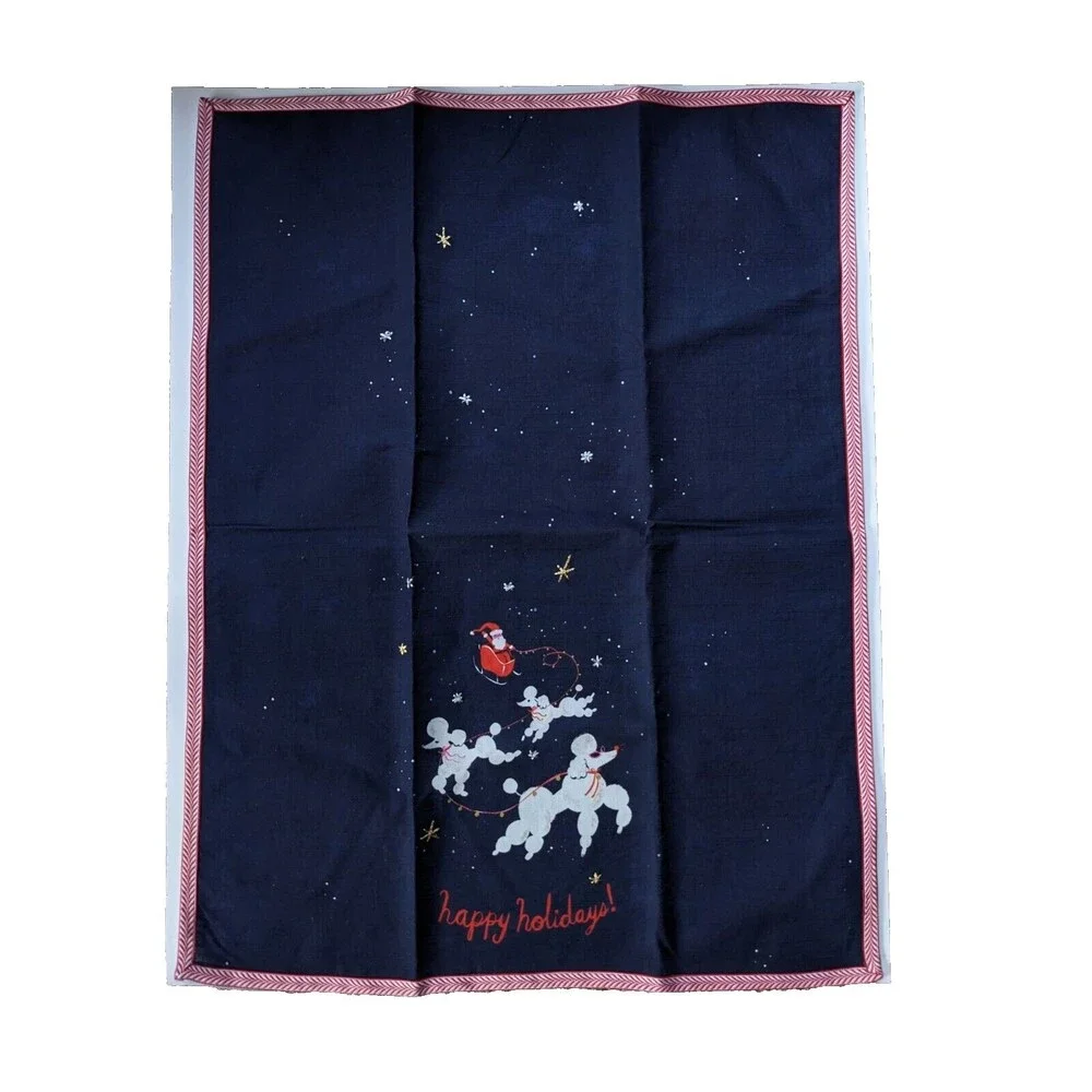 Anthropologie‎ Louise Pretzel Dashing Poodles Embroidered Christmas Dish Towel